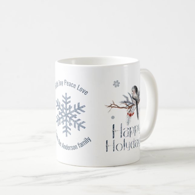 Nice Bird On A Branch. Red Berries. Happy Holidays Coffee Mug (Front Right)