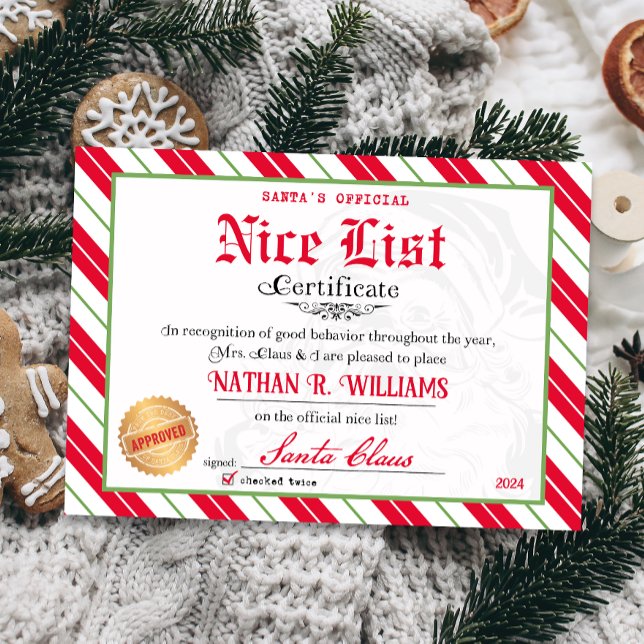 Nice Certificate from Santa Approved Checked Twice Invitation (Official Nice List Certificate Santa Claus North Pole letter instant download printable)