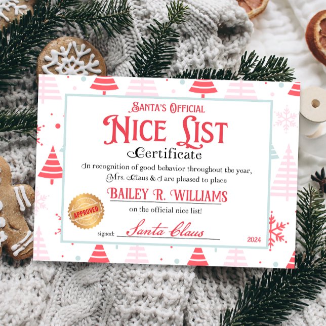 Nice Certificate from Santa Approved Checked Twice Invitation (Official Nice List Certificate Santa Claus North Pole letter instant download printable)