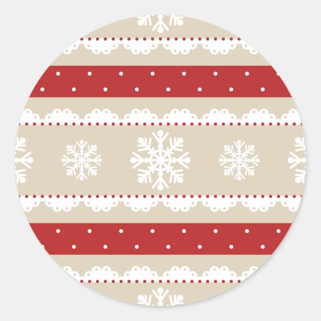 Nice Christmas Beige Red White Snowflakes Pattern Classic Round Sticker (Front)