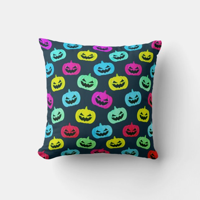 Nice Colourful Pumpkin Faces with Navy background  Throw Pillow (Front)