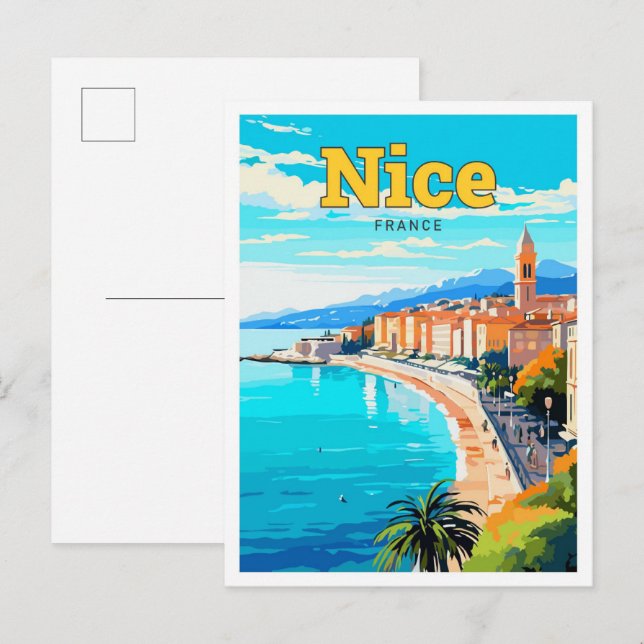 Nice France Travel Art Vintage Illustration Postcard (Front/Back)