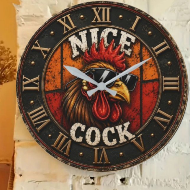 Nice Funny Rooster Cool Chicken with Sunglasses Large Clock (Creator Uploaded)