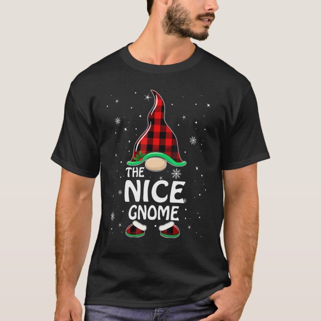 Nice Gnome Buffalo Plaid Matching Family Christmas T-Shirt (Front)