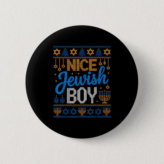 Nice Jewish Boy Hanukkah Menorah Dreidel Ugly Swea 2 Inch Round Button (Front)