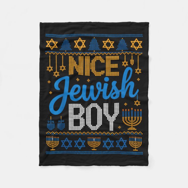 Nice Jewish Boy Hanukkah Menorah Dreidel Ugly Swea Fleece Blanket (Front)