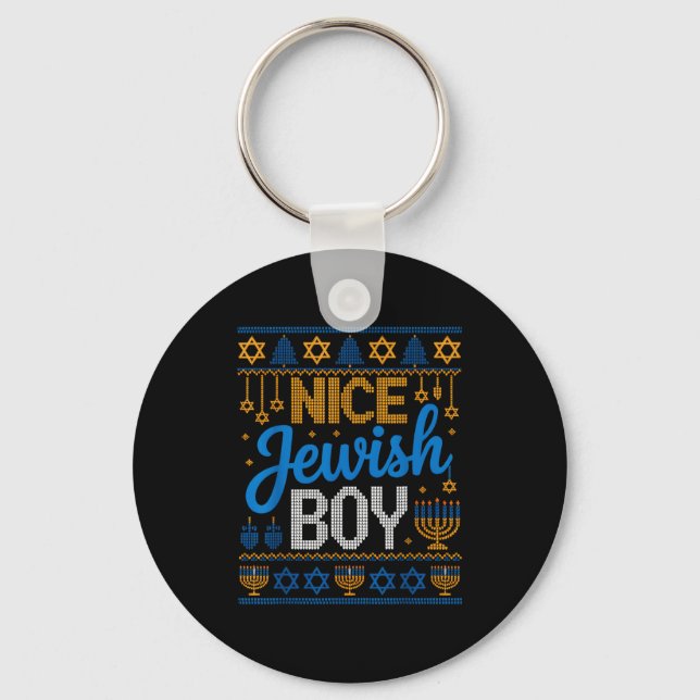 Nice Jewish Boy Hanukkah Menorah Dreidel Ugly Swea Keychain (Front)