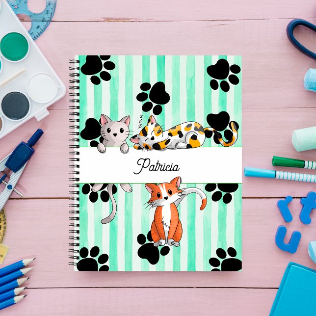 Nice Kittens & paws, green stripes Spiral Notebook (Creator Uploaded)