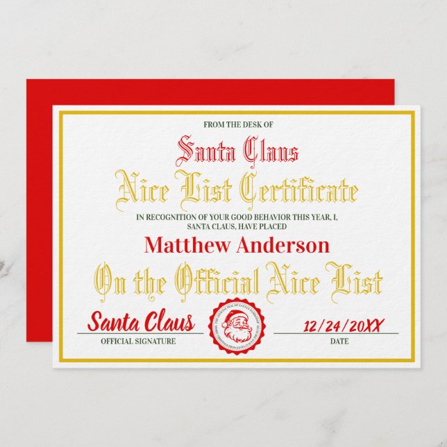 Nice List Certificate for Children|Christmas Gift  Holiday Card (Front/Back)