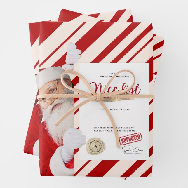 Nice List Certificate Red Candy Cane Stripes Wrapping Paper Sheet (In situ)