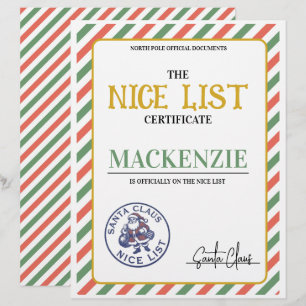 Nice List Certificate Signed by Santa Personalized