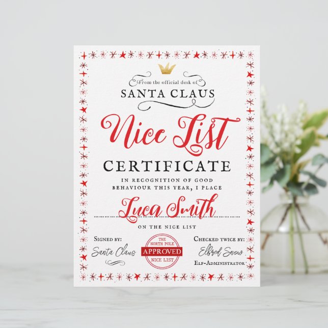 Nice List Christmas Certificate Paper (Standing Front)
