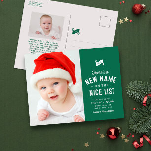 Nice list cute baby's first Christmas green Holiday Postcard