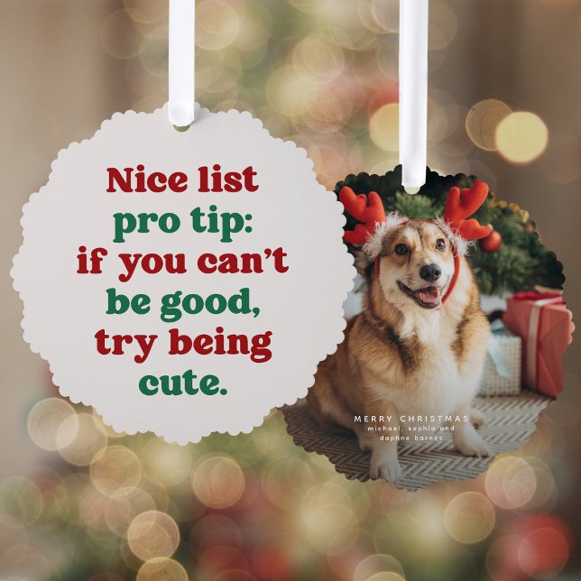 Nice list cute funny green red pet photo Christmas Ornament Card (Creator Uploaded)