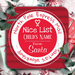 Nice List North Pole Mail Custom Name Square Sticker<br><div class="desc">Striped pattern background. Nice list North pole express mail fun custom kids name Christmas gift tags. Fun stickers to add to kids gifts!</div>
