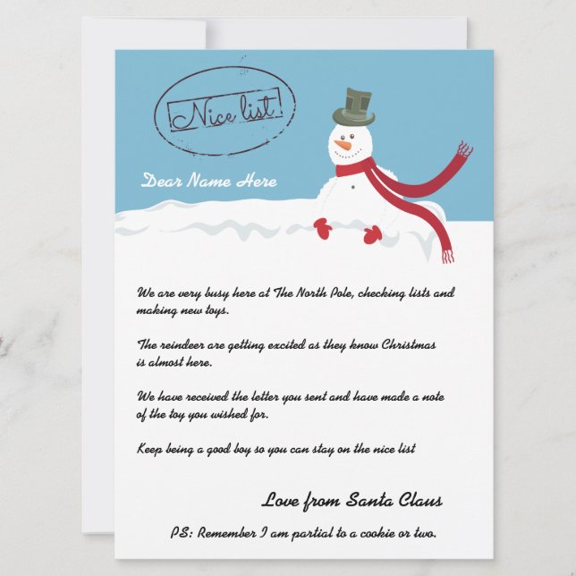 Nice List Snowman Letter From Santa Personalized Holiday Card (Front)
