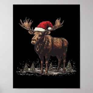 Nice Moose With Santa Hat For Christmas Cheer Poster