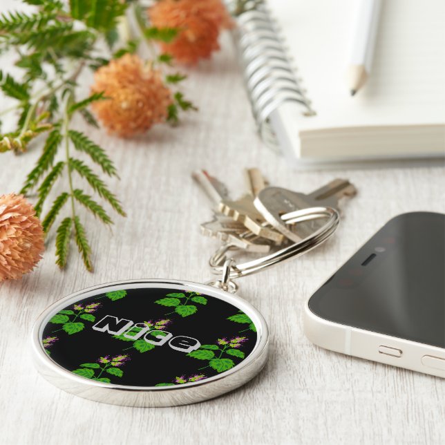 Nice Name or Text Lovely Green Leaf Image Keychain (Side)