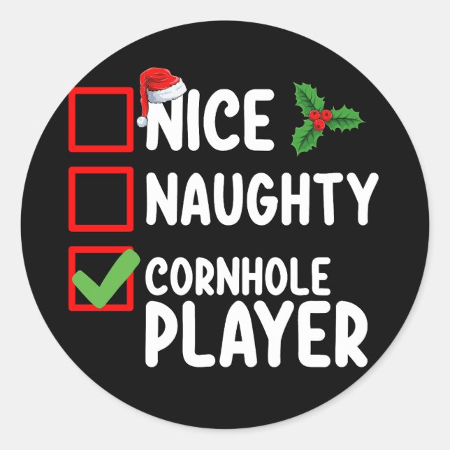 Nice Naughty Cornhole Player Christmas List Classic Round Sticker (Front)