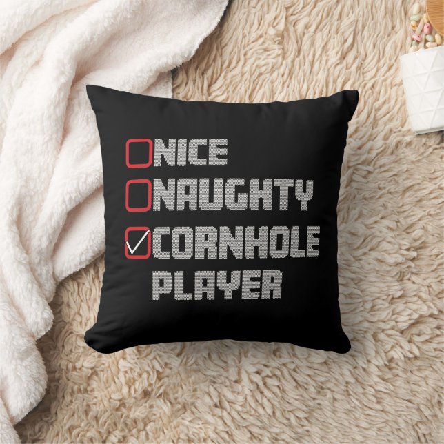 Nice Naughty Cornhole Player List Ugly Christmas Throw Pillow (Blanket)