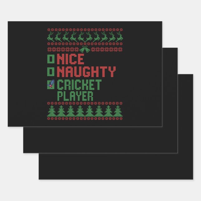 Nice Naughty Cricket Player Funny Christmas Gift Wrapping Paper Sheet (Set)