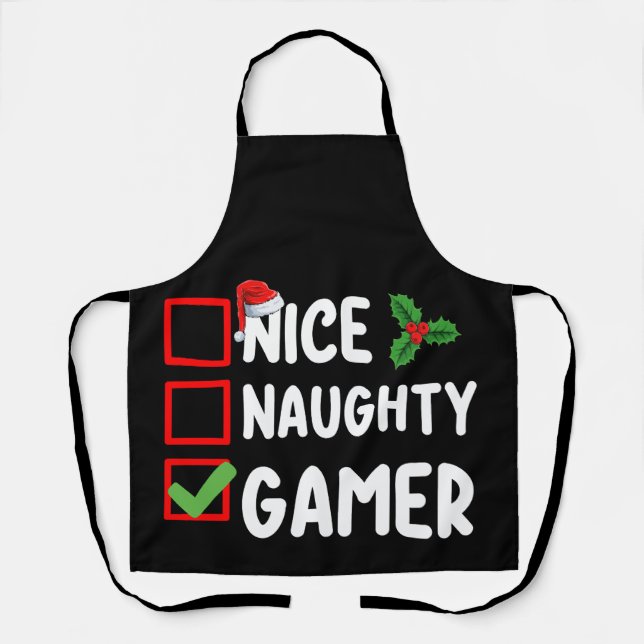 Nice Naughty Gamer Christmas List Gaming Santa Apron (Front)
