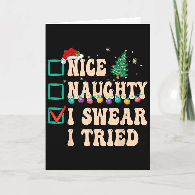 Nice Naughty I Swear I Tried, Christmas List Retro Card (Front)