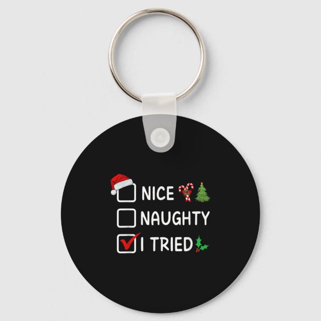 Nice Naughty I Tried Christmas List Santa Hat Funn Keychain (Front)