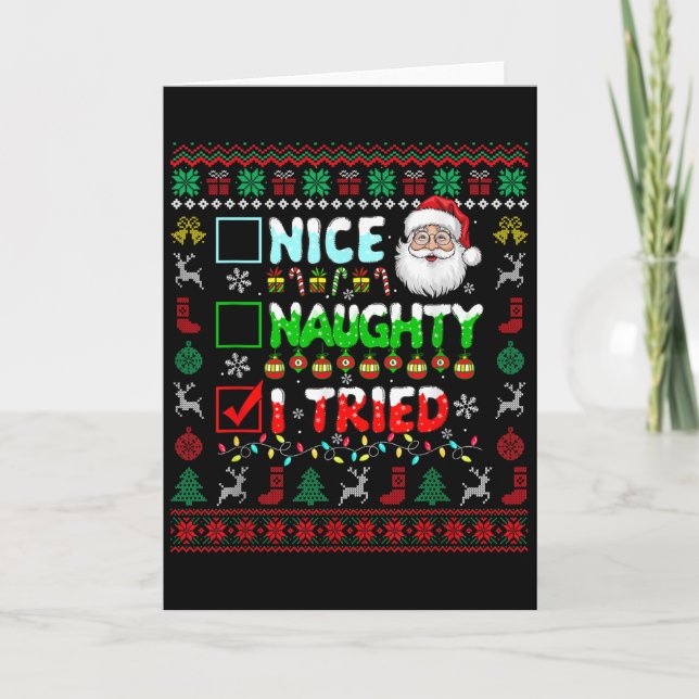 Nice Naughty I Tried Funny List Santa Face Christm Card (Front)