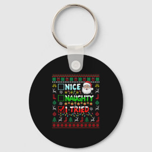 Nice Naughty I Tried Funny List Santa Face Christm Keychain