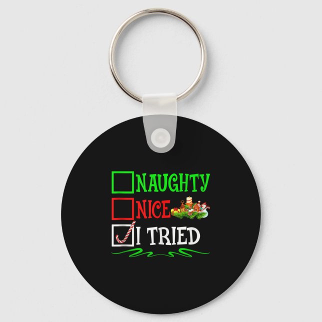 Nice Naughty I Tried Santa Christmas List Tank Top Keychain (Front)