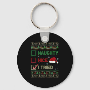 Nice Naughty I Tried Ugly Sweater Red Plaid Christ Keychain