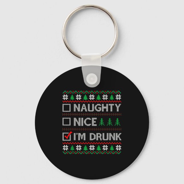 Nice Naughty I'm Drunk Checklist Ugly Christmas Sw Keychain (Front)