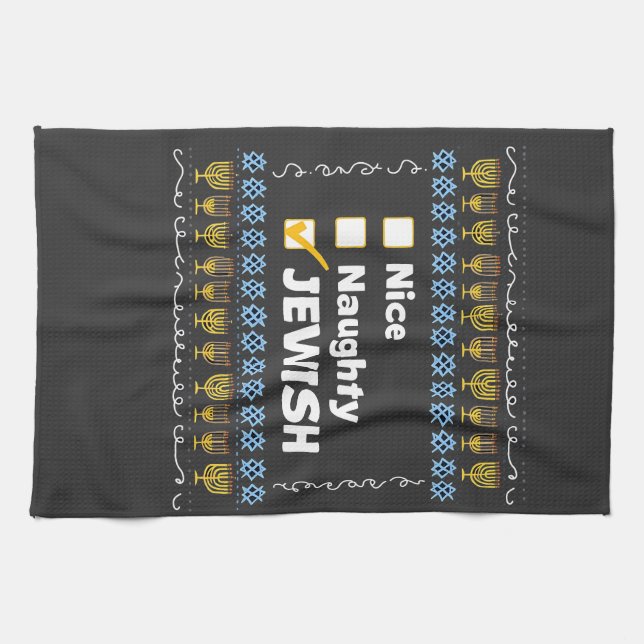 Nice Naughty Jewish Hanukkah Ugly Sweater Kitchen Towel (Horizontal)