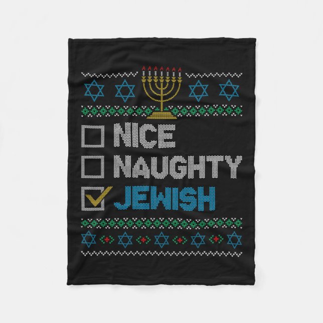 Nice Naughty Jewish Ugly Christmas Sweater Funny H Fleece Blanket (Front)