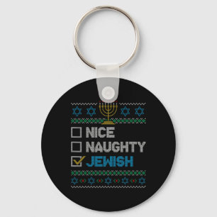 Nice Naughty Jewish Ugly Christmas Sweater Funny H Keychain
