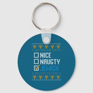 Nice Naughty Jewish Ugly Christmas Sweater Funny H Keychain