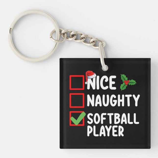 Nice Naughty Softball Player Christmas List Keychain (Front)