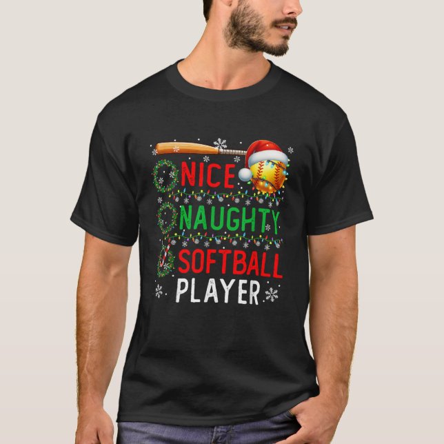 Nice Naughty Softball Player Christmas Sports Love T-Shirt (Front)