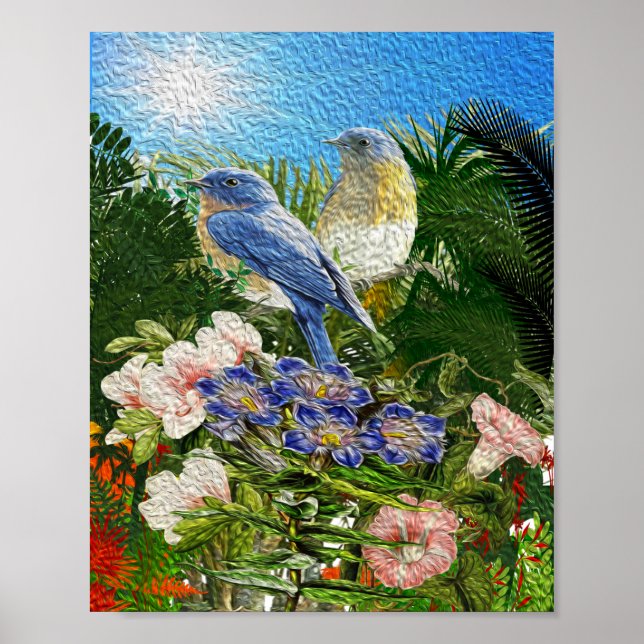 Nice oil paint 2 birds between flowers poster (Front)