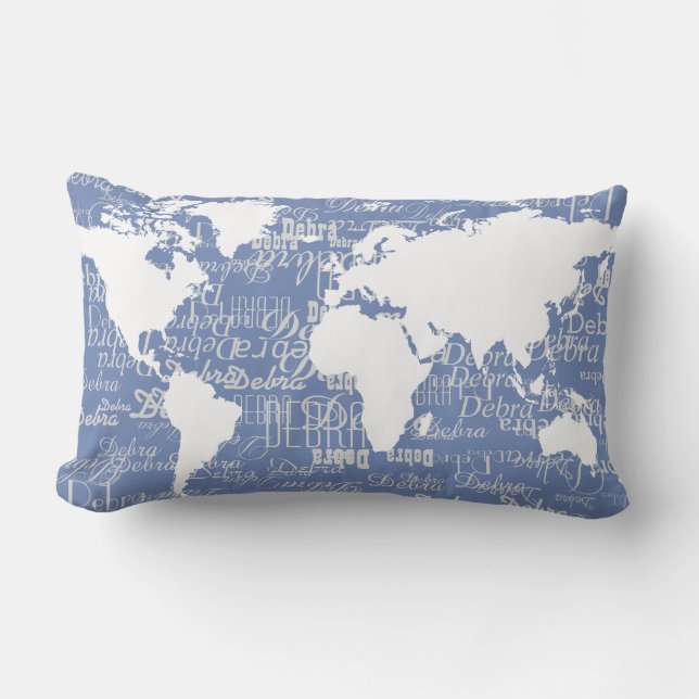 nice pattern of names & world map on blue lumbar pillow (Front)