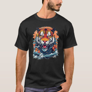 Nice Tiger Cat with Sea Waves in japanese Style T-Shirt