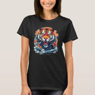 Nice Tiger Cat with Sea Waves in japanese Style T-Shirt