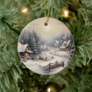 Nice village on Christmas night Ceramic Ornament