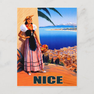 Nice, woman is looking at French riviera, vintage Postcard