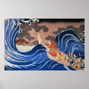 Nichiren calms a storm in Kakuda, Kuniyoshi Poster