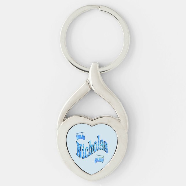Nicholas Name With Fire Trucks, Keychain (Front)