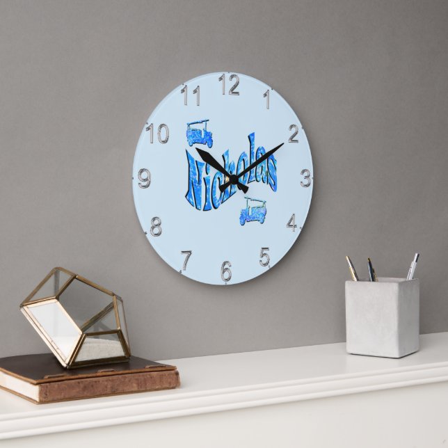 Nicholas Name With Fire Trucks, Large Clock (Office)