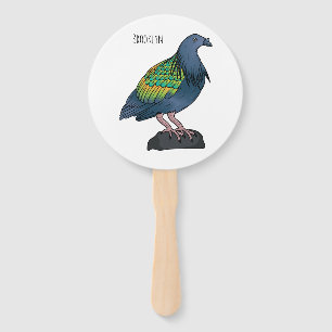 Nicobar pigeon bird cartoon illustration hand fan