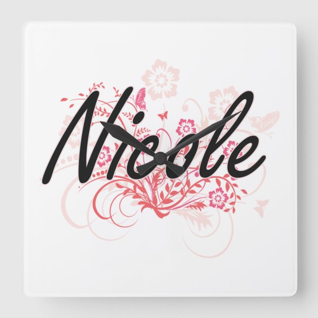 Nicole Artistic Name Design with Flowers Square Wall Clock (Front)